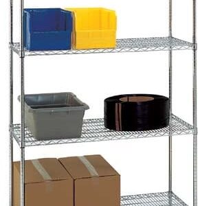 A four-tier metal storage shelf holds various items. The top shelf has blue and yellow bins, the second shelf has a gray bin and a black coil, and the bottom shelf has two taped brown boxes.