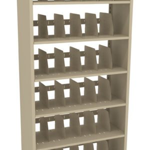 Metal shelving unit with five shelves, each equipped with multiple adjustable dividers. The frame is beige and designed for organizing and storing various items.
