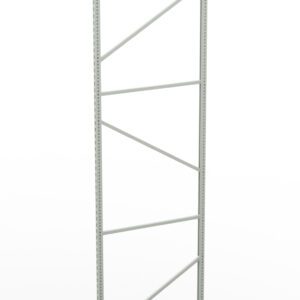 A tall, gray metal shelving frame with vertical supports and diagonal crossbars, standing upright against a white background.