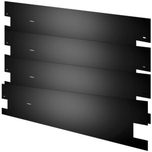 Four black metal panels are aligned vertically, each with notches on the sides and small holes near the center. They appear as components possibly used for assembly in larger structures or devices. The background is white.