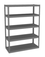 A gray, five-tier metal shelving unit with perforated supports on each side. Each shelf is evenly spaced and rectangular, designed for storage. The shelving unit is empty and displayed against a white background.