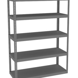 A gray, five-tier metal shelving unit with perforated supports on each side. Each shelf is evenly spaced and rectangular, designed for storage. The shelving unit is empty and displayed against a white background.