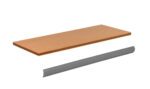 Wooden shelf board and metal bracket isolated on a white background. The shelf is rectangular with a smooth finish, and the bracket appears sturdy, suitable for supporting the shelf when mounted.