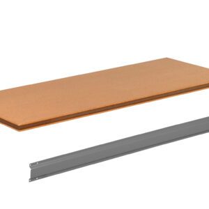 Wooden shelf board and metal bracket isolated on a white background. The shelf is rectangular with a smooth finish, and the bracket appears sturdy, suitable for supporting the shelf when mounted.