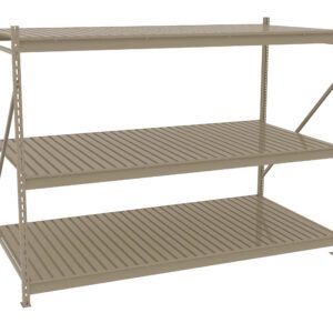 A large metal storage rack with three slatted shelves. The structure is beige and features vertical supports on the sides and diagonal braces for stability. The design is industrial, suitable for warehouses or garages.
