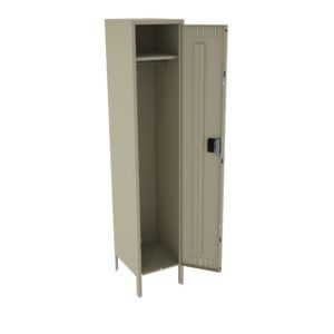 A tall, beige metal locker with one door open, revealing an empty space inside. The locker has a small shelf and a hook at the top. The door features a ventilation grille and a locking mechanism.