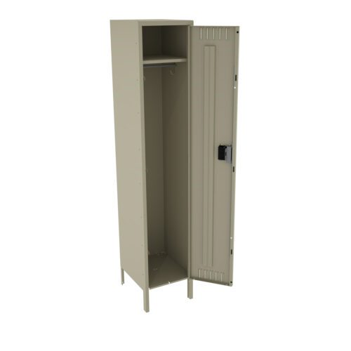 A tall, beige metal locker with one door open, revealing an empty space inside. The locker has a small shelf and a hook at the top. The door features a ventilation grille and a locking mechanism.