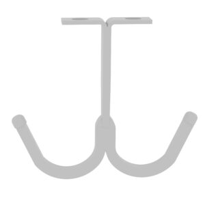 A gray, wall-mounted, double hook with a T-shaped top and rounded ends, designed for hanging items. The hooks curve upwards, and there are two screw holes at the top for installation. The design is minimalist and functional.