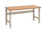 A sturdy, rectangular workbench with an adjustable metal frame and a smooth wooden top, designed for industrial or workshop use. The legs feature multiple adjustment holes for height flexibility.
