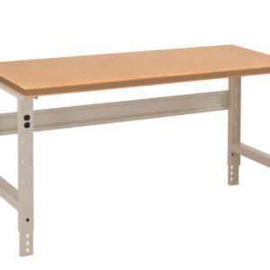 A sturdy, rectangular workbench with an adjustable metal frame and a smooth wooden top, designed for industrial or workshop use. The legs feature multiple adjustment holes for height flexibility.