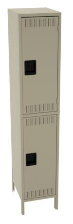 A tall, beige metal locker with two compartments and black latches, standing on short legs. It has ventilation slits on each door and a minimalist design.