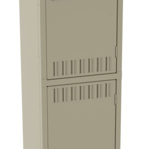 A tall, beige metal locker with two compartments and black latches, standing on short legs. It has ventilation slits on each door and a minimalist design.