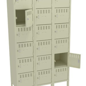 A beige metal locker unit with three columns and five rows, featuring multiple small compartments. Some doors are ajar, revealing the empty storage space inside. Each door has small ventilation slits and a hasp for securing with a lock.