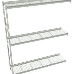 A freestanding metal shelving unit with three wire shelves. The unit is gray and features an open, minimalistic design. The shelves are evenly spaced, supported by vertical slotted metal frames on the left side.
