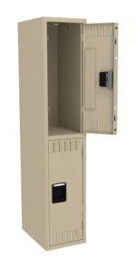 A beige metal locker with two compartments. The top compartment door is open, showing an empty space and hooks inside. The bottom compartment is closed. The locker has vents on the door and a handle for locking.