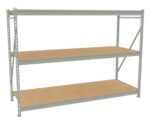 A metal shelving unit with three wooden shelves. The structure is open on all sides, with diagonal metal supports on the side for stability. The frame is light gray, and the shelves have a natural wood finish.
