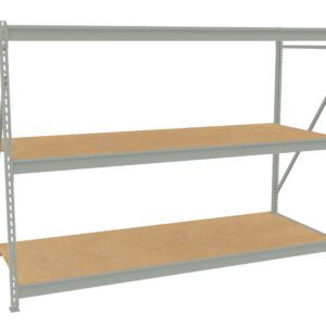 A metal shelving unit with three wooden shelves. The structure is open on all sides, with diagonal metal supports on the side for stability. The frame is light gray, and the shelves have a natural wood finish.
