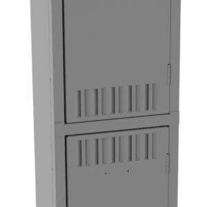 Gray metal locker with two doors, one above the other, featuring black handles and ventilation slots. The locker stands on four legs and is designed for storage.