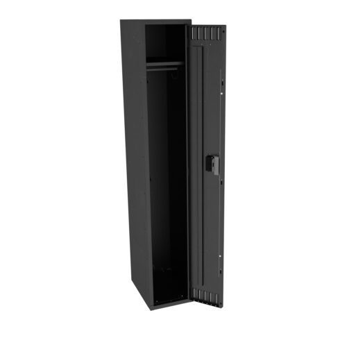 A tall, black metal locker with an open door, revealing a single shelf at the top and an empty compartment below. The locker features a latch for a lock.
