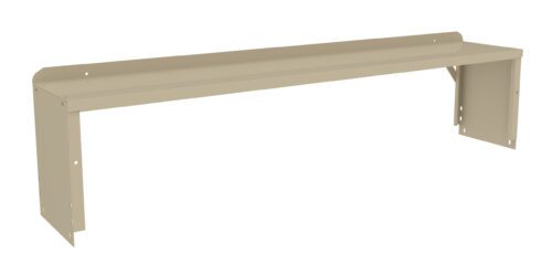 A beige metal bracket shelf with a simple, rectangular design. The shelf has holes on the sides for mounting, and a lip at the back for added support. The shelf is shown at a slight angle, highlighting its structure.