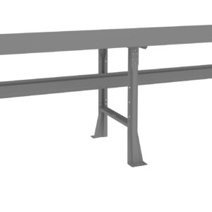 A gray, industrial workbench with a flat rectangular surface and sturdy metal legs, featuring cross-support bars for stability.