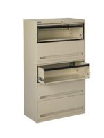 A beige five-drawer filing cabinet with two top drawers open. The cabinet is made of metal and has a simple, modern design. The open drawers reveal empty compartments for file storage. The cabinet stands upright against a white background.
