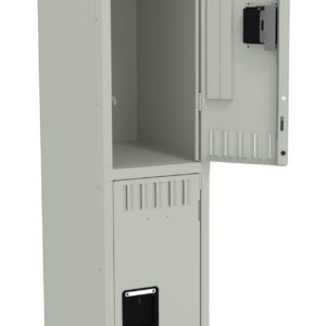 Gray metal locker with two compartments: the upper door is open, showing an empty interior, while the lower door remains closed. Both doors have vented panels and black handles.