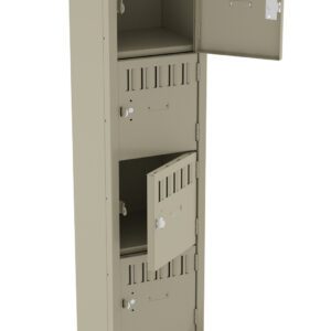 Tall steel locker with four compartments, all doors open. The locker is beige and features small ventilation slots on each door. The interior is empty, and the unit stands on four legs.