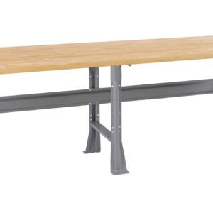 A long workbench with a wooden top and sturdy gray metal legs, featuring a crossbar for support. The design is simple and functional, suitable for various workspace needs.