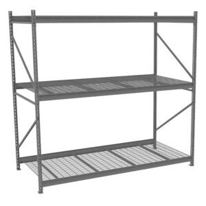 A large, empty, industrial metal shelving unit with three levels. The shelves have a grid pattern, supported by four vertical metal beams. The structure is gray and has cross braces on the sides for added stability.