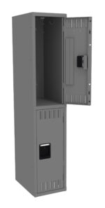 Gray metal storage locker with two compartments, one open and one closed. The open compartment is at the top, showing hooks inside. The lower compartment remains shut, featuring a rectangular handle and vented design.