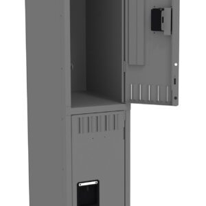 Gray metal storage locker with two compartments, one open and one closed. The open compartment is at the top, showing hooks inside. The lower compartment remains shut, featuring a rectangular handle and vented design.