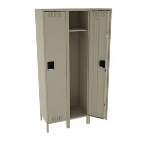 A beige metal locker with two compartments stands open. The left compartment is closed, while the right one has its door ajar, revealing a single shelf and a hanging rod inside. The locker rests on four short legs.