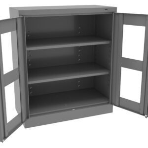 A metal storage cabinet with two glass-panel doors open, revealing three empty shelves inside. The cabinet is gray and has a lock on the right door.
