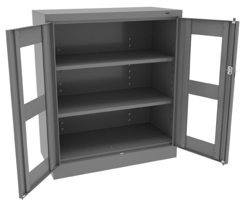 wzyj4vk5ualleiexl33c.jpg A metal storage cabinet with two glass-panel doors open, revealing three empty shelves inside. The cabinet is gray and has a lock on the right door.