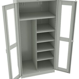 An open, tall metal storage cabinet with two glass doors, revealing multiple shelves and compartments inside. The cabinet is light gray and the interior is divided into various sections for organizing items.