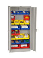 A gray metal storage cabinet with open doors reveals multiple shelves filled with colorful plastic bins. The bins, in red, blue, and yellow, hold various small items and supplies, organized neatly for easy access.