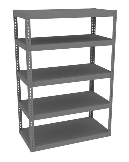 A gray, metal storage shelf unit with five empty shelves. The unit is freestanding with perforated side supports and a simple, industrial design.