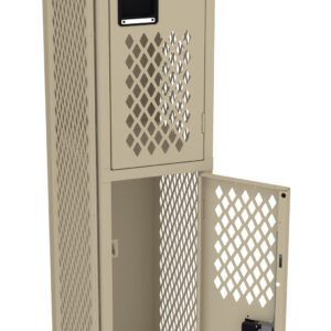 A beige double-tier metal locker with ventilation holes. The top compartment is closed, and the bottom compartment is open, showing an empty interior. Both compartments have black handles.