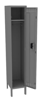A gray metal locker with an open door, revealing an empty interior. The locker has a single shelf near the top and a rod with hooks for hanging items. It stands on raised legs and has a locking mechanism on the door.