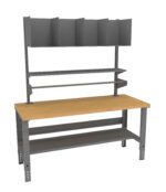 A sturdy workbench with a wooden tabletop and a metal frame. It features a top shelf with five vertical dividers and two horizontal metal shelves beneath. The design is industrial and practical, suitable for workshops or garages.