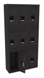 A black set of lockers arranged in a 3x3 grid. Each locker has a handle and ventilation slots. The bottom left locker is open, revealing an empty compartment.