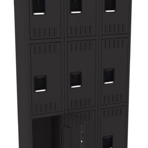 A black set of lockers arranged in a 3x3 grid. Each locker has a handle and ventilation slots. The bottom left locker is open, revealing an empty compartment.