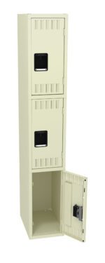 A vertical beige locker with three compartments. The top two doors are closed, while the bottom door is open, revealing an empty interior. The locker features black handles on each door.