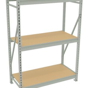 A metal shelving unit with three wooden shelves, featuring a light gray frame and a simple, sturdy design. The shelves are evenly spaced, with open sides and back, suitable for storage or organizational purposes.