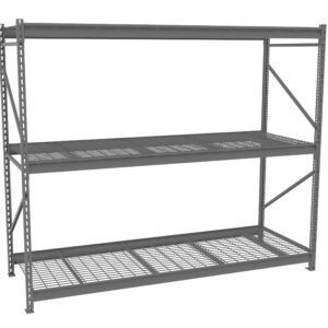 A large, empty, industrial-style metal shelving unit with three wire-mesh shelves. It is gray and features a sturdy frame with cross-bracing for support, suitable for storage in a warehouse or garage.