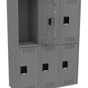 A gray metal locker unit with six compartments, resembling parcel lockers, features three on top and three on the bottom. The top middle compartment’s door is open, revealing an empty space inside. Each door boasts a black handle and ventilation slits.