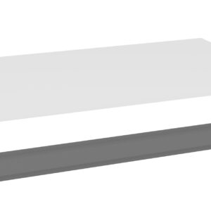 A white rectangular shelf is positioned above a long, narrow, dark gray metal bracket. The bracket has small holes at each end, suggesting points for wall mounting. Both items are against a white background.