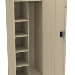A beige metal locker standing open. It features multiple shelves on the left side, a hanging rod above a compartment on the right, and a door with ventilation slots and a black handle.