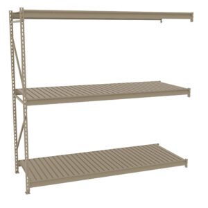 A metal, three-tiered shelving unit with evenly spaced shelves and perforated sides. The shelves are rectangular and the frame is sturdy, suited for storage or organizational purposes. The background is plain white.